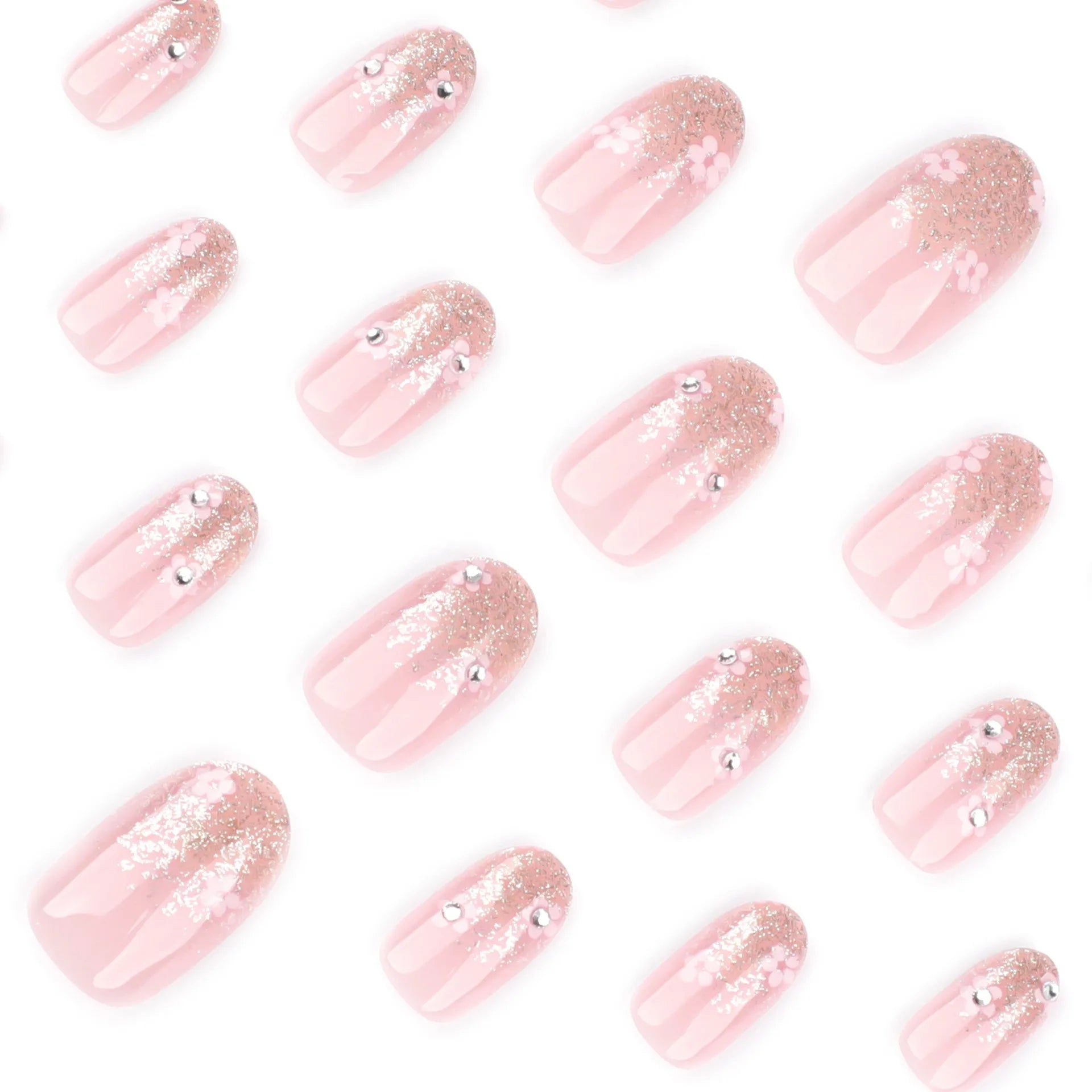 24 Pcs/set Soft Acrylic 3723 Glitter Gradient with Floral Design on Short Round Nails Press on Nails Artificial Fingernails