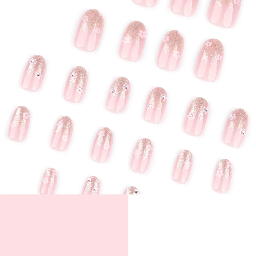 24 Pcs/set Soft Acrylic 3723 Glitter Gradient with Floral Design on Short Round Nails Press on Nails Artificial Fingernails
