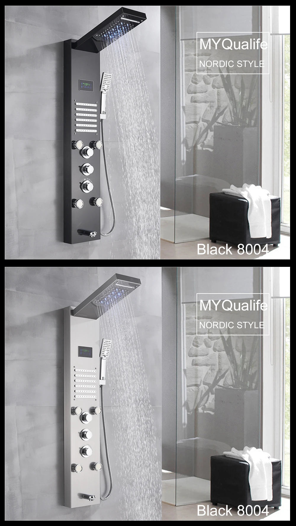 LED Shower Panel Waterfall Rain Digital Display Shower Faucet Set SPA Massage Jet Bathroom Column Mixer Tap Tower System