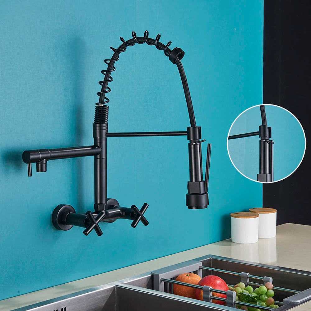 Chrome Spring Kitchen Faucet 360 Rotation Pull Down Hand Sprayer with Buckle Kitchen Taps Wall Mounted Cold Hot Water Mixer Taps