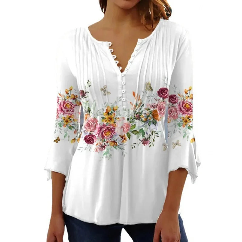 2024 Spring Summer New Fashion Women's Casual Floral Print V-Neck Elegant T-Shirt Full Sleeved Pleated Button T-shirt