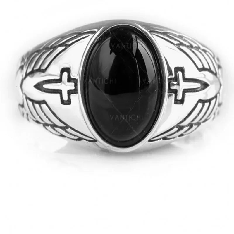 BOCAI Vintage Thai Angel Wing Cross S925 Silver Rings for Men Women Natural Black Agate Trendy Birthday Gifts Heart Pattern