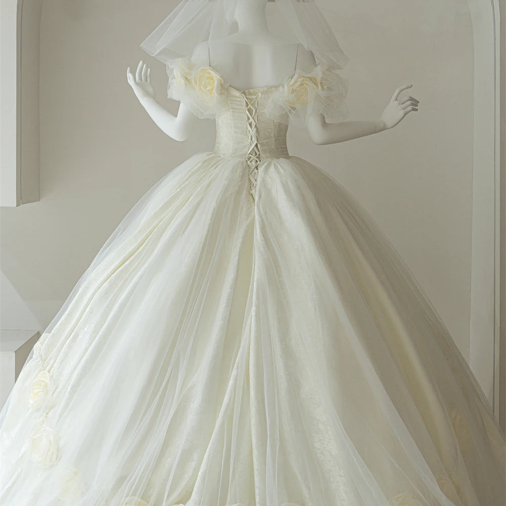 Princess Off Shoulder 3d Flower Ball Gown Wedding Dresses RL322