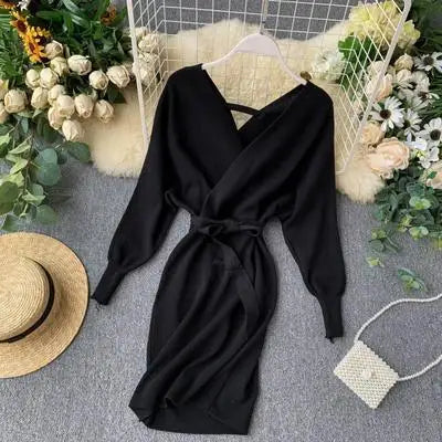 Autumn Winter Women Knitted Sweater Dress Korean Long Batwing Sleeve V Neck Elegant Dress Ladies Bandage Dresses