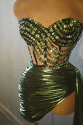 Ocstrade Shiny Rhinestone Performance Wear Solid Color Strapless Asymmetric Draped Sexy Mini Performance Dress for Singer