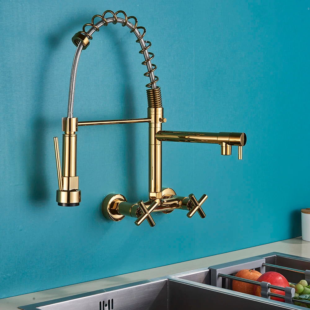 Chrome Spring Kitchen Faucet 360 Rotation Pull Down Hand Sprayer with Buckle Kitchen Taps Wall Mounted Cold Hot Water Mixer Taps