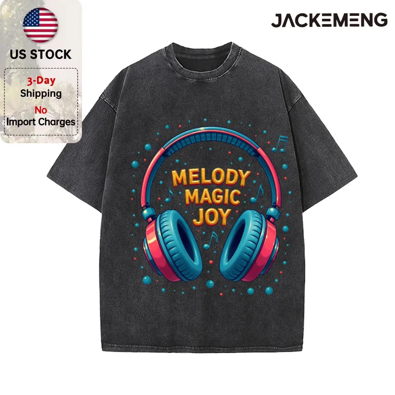 Oversized Vintage Retro Bubble Music Headphone Streetwear Print Tshirt USA Stock Wholesale Y2K Casual Tee