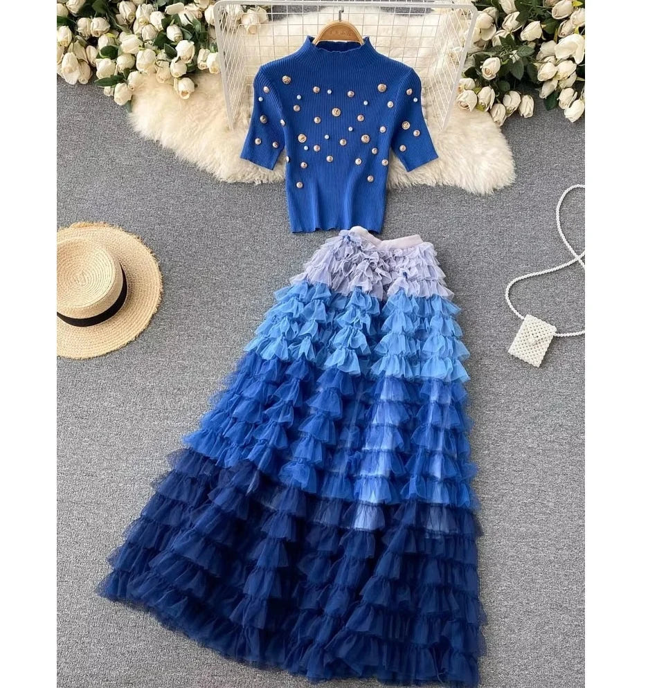 New Products Female Knitted Top Beaded Small Sweater Ladies French Retro Cake Skirt Two Piece Set