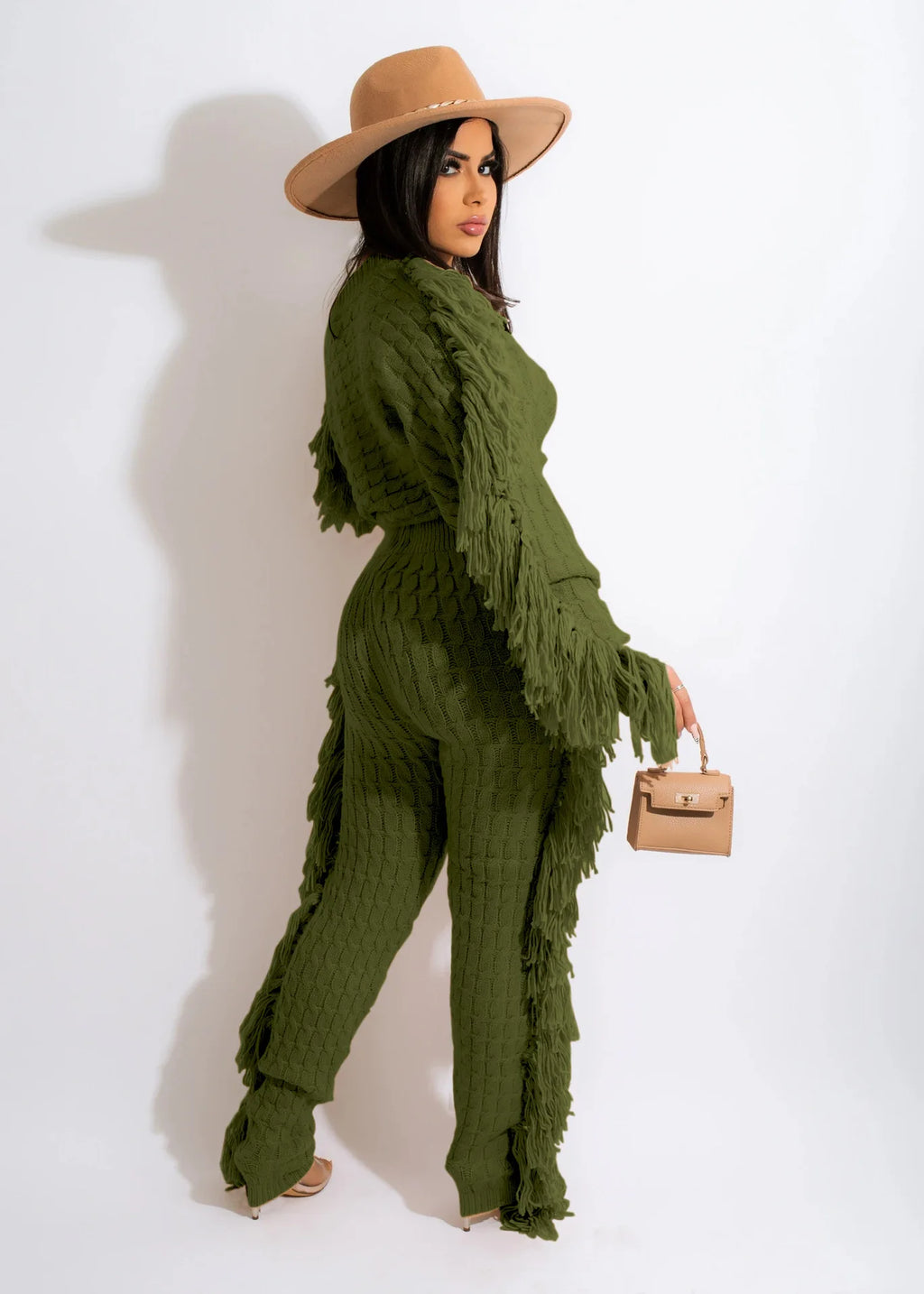 2025 Fall Winter Plus Size Women Clothing Long Sleeve Crop Top Two Piece Pants Set Drawstring Tassel Fringe Pants 2 Piece Set