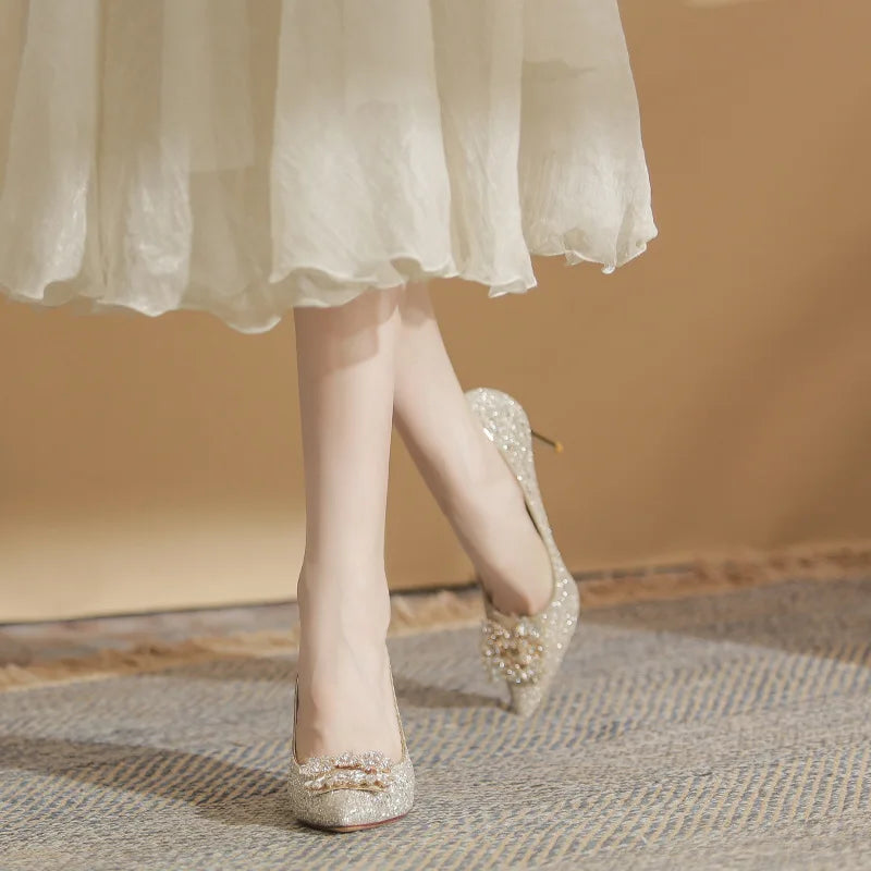 6681-15 Solid Bridal Pumps Pointed Toe Stiletto Heel Glitter Rhinestone Wedding Shoes Women's Elegant Party Shoes