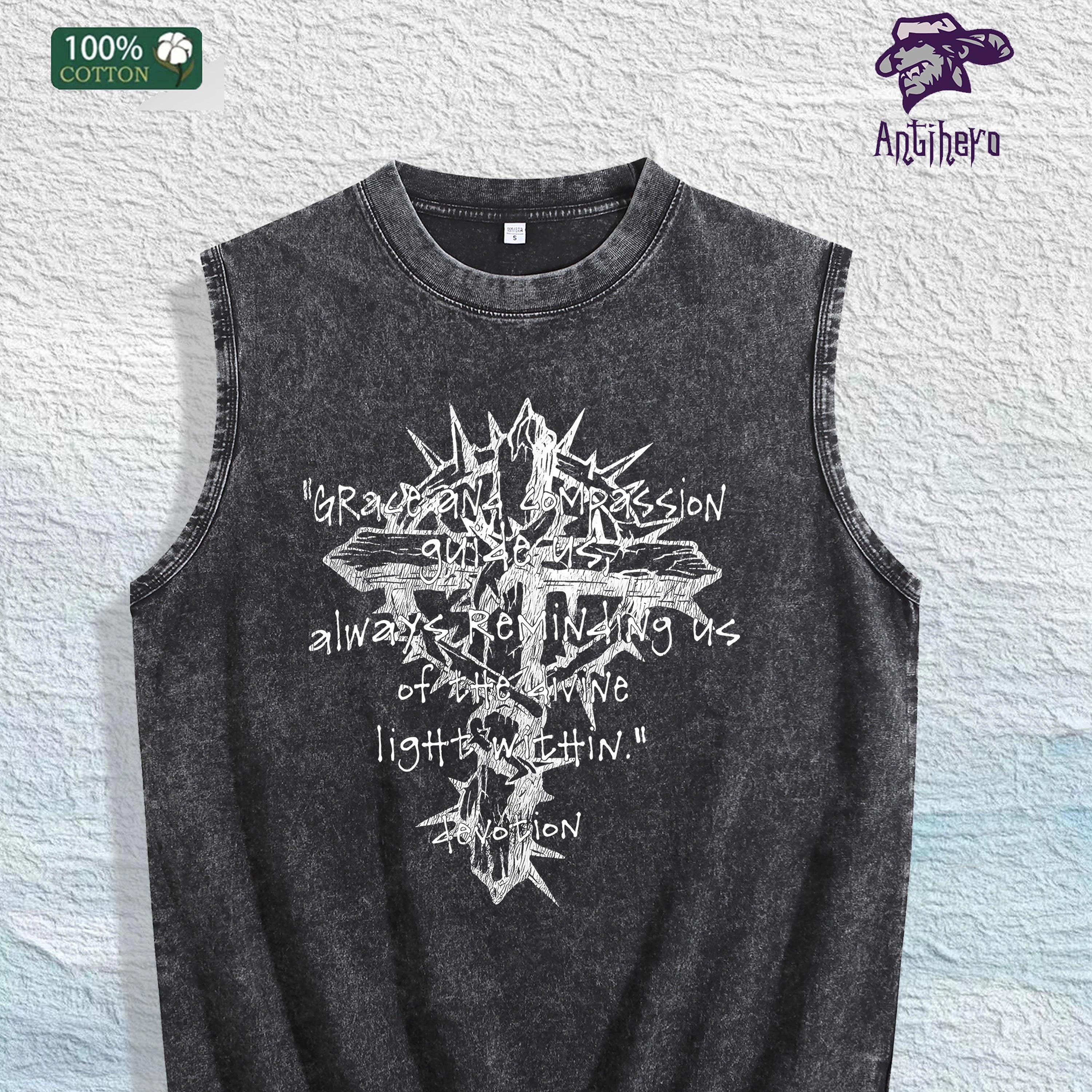 Grace Compassion Cross Graphic Washed Vest US Warehouse 3 Colors Cotton Tank