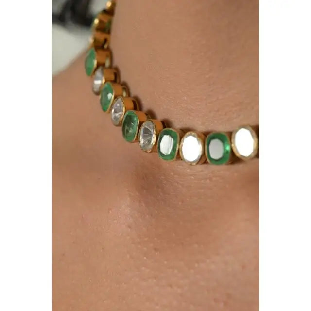 Green Trendy New Fashion Indian Bollywood Traditional Crystal Wedding Choker Brass Necklace Copper Alloy Bridal Jewellery Set