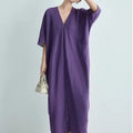 2026 New Summer Wholesale V-Neck Cotton Linen Maxi Dress French Chic Elegant Loose Short Sleeve Straight Gown
