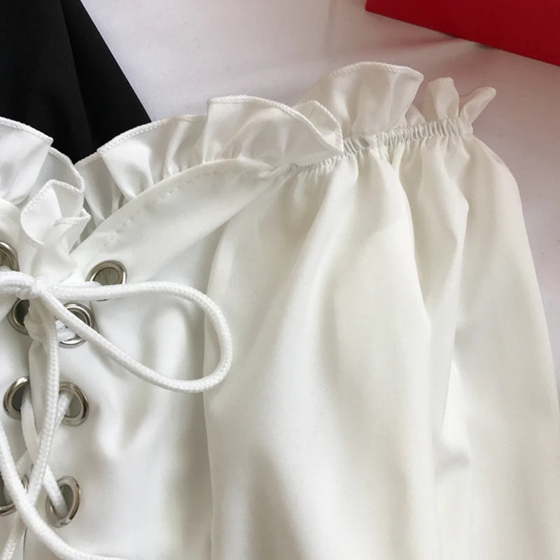 Womens Off Shoulder Top Long Sleeve Ruffle Vintage Blouse With Puff Sleeves Lace up Ladies Tops Bandage Crop Tops