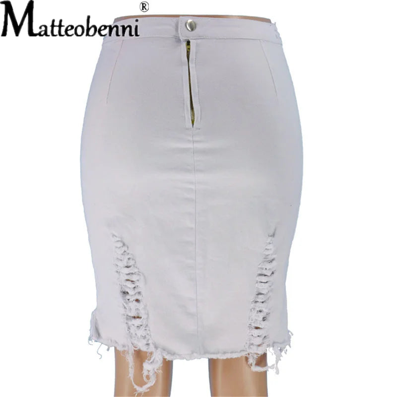 New Summer Sexy Ripped Denim Skirt Women Fashion Hollow Out Casual Hole Tassel Mini Skirt Irregular Basic Pocket Jeans Skirt