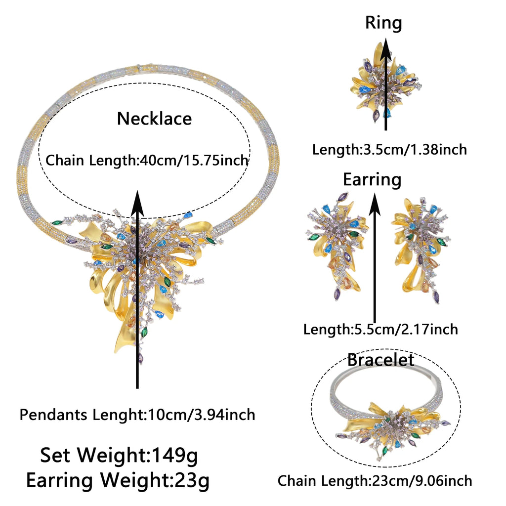 Yulaili Simple Two Tone American Colorful Zirconia Jewelry Set Charm Necklace Bracelet Earrings Ring Four Pieces Set for Wedding