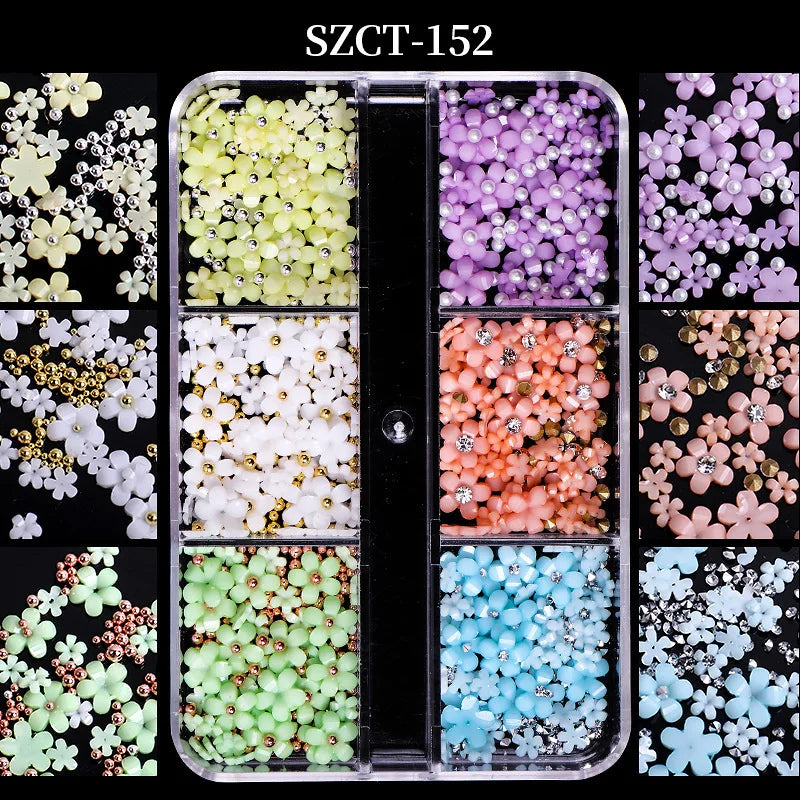 Nail Jewelry Wholesale Cute Three-dimensional Small Flowers 6-grid Plastic Box Mixed Resin Five-petal Flower Nail Accessories