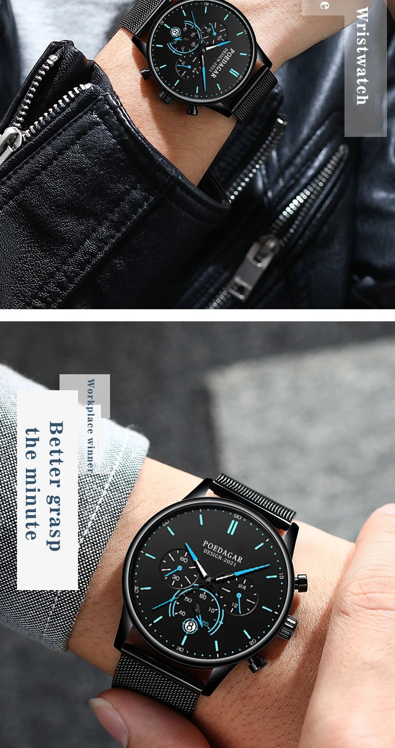 POEDAGAR Men Watch Fashion Chronograph Slim Stainless Steel Mesh Quartz Men's Wristwatch Waterproof Luminous Date Sport Watch