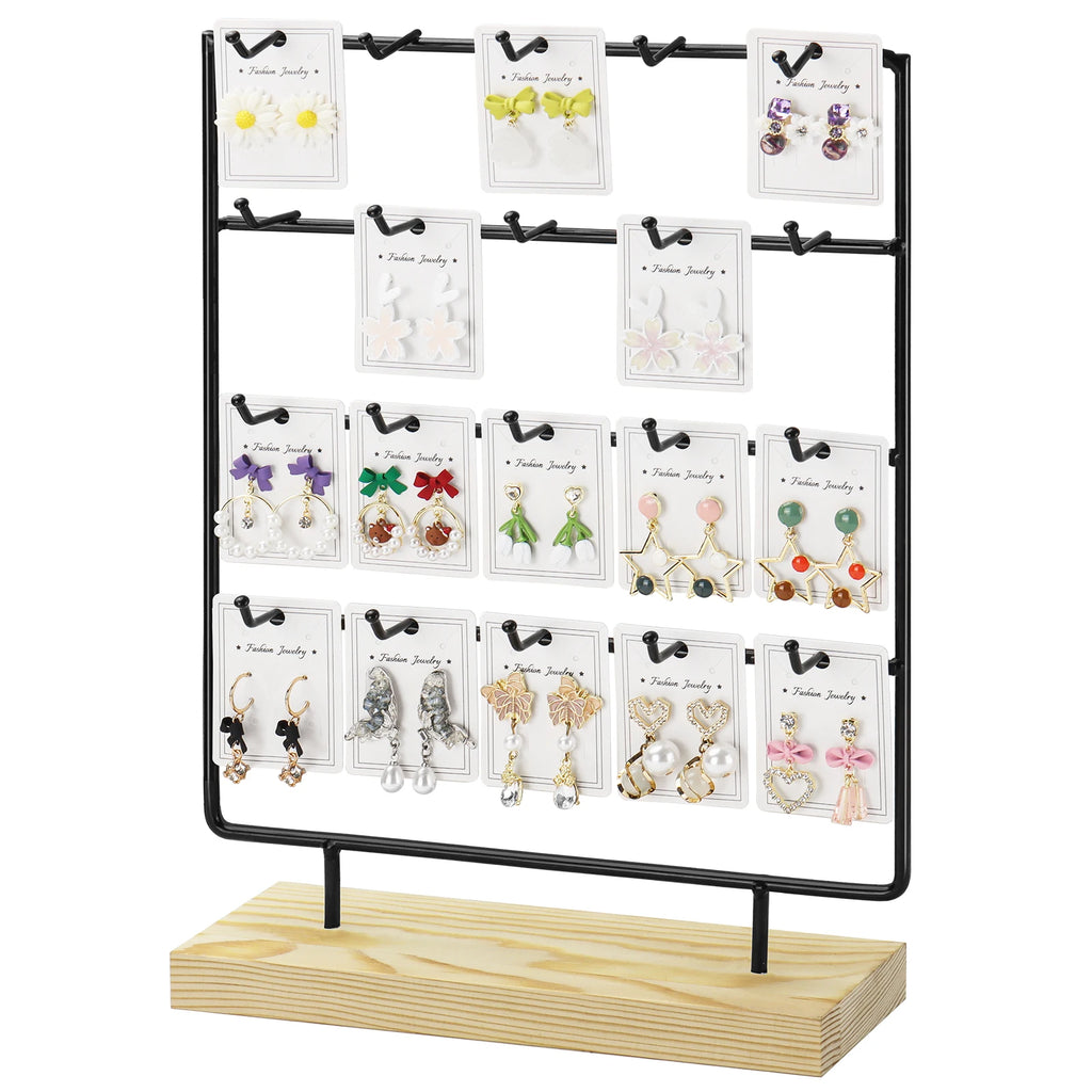 4 Tier 20 Hooks Earring Display Stands Jewelry Display Wooden Base Earring Holder Organizer for Necklaces Rings Bracelets Black