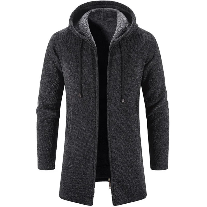 Liu Ming Men's Thick Warm Fleece Cardigan Winter Trending Casual Windbreaker Jackets with Zipper Closure Knitted Sweater Hooded