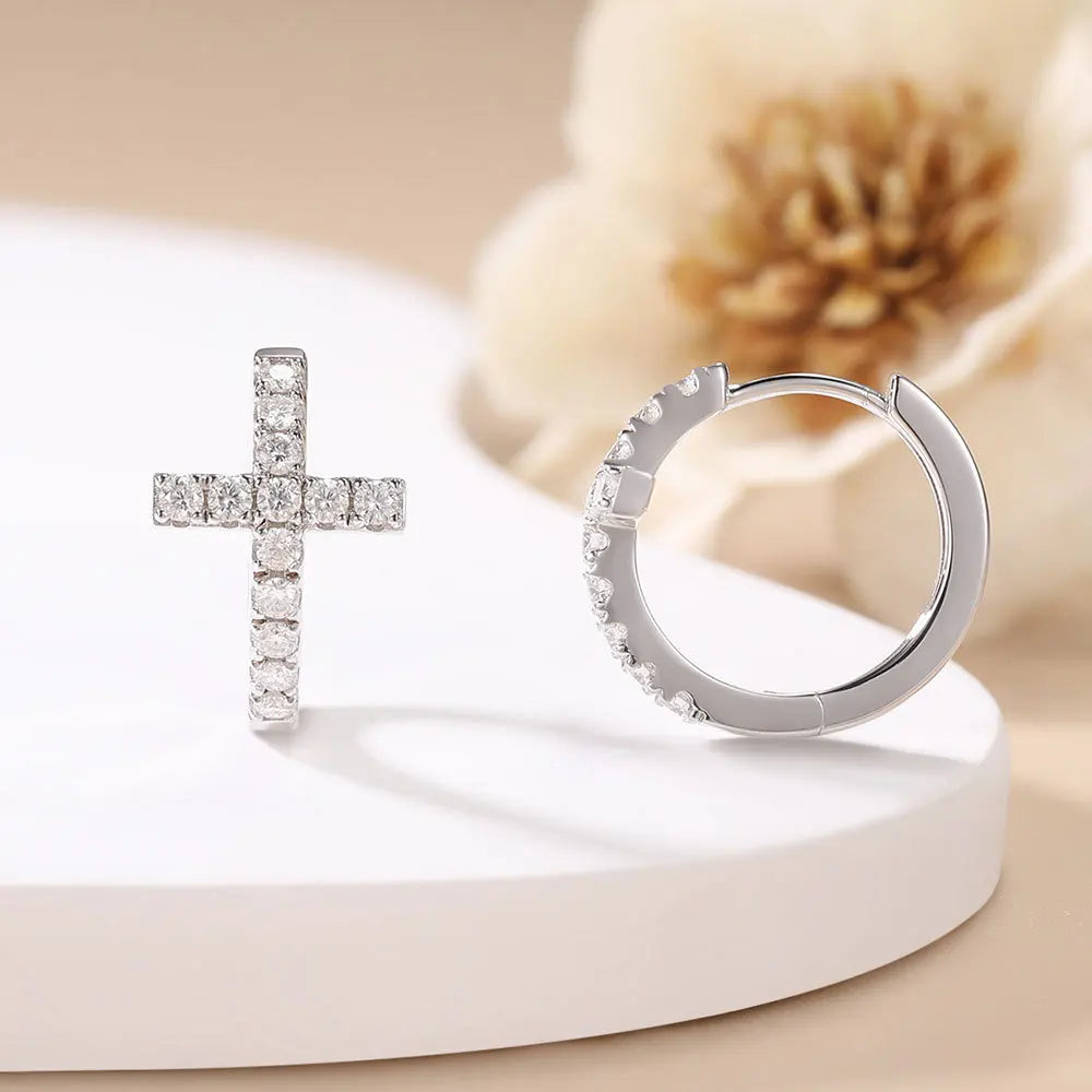 Unique 0.442 Carat Moissanite Accented Cross Ear Jackets, S925 Silver 18K Gold Plated Luxe Hoops, Drop Shipping