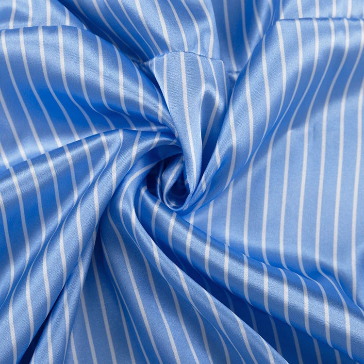 2024 New Fashionable Satin Blue Striped Long Sleeve Belted Shirt Wide Leg Long Pants 2 Piece Outfit Set Woman Pants and Shirt