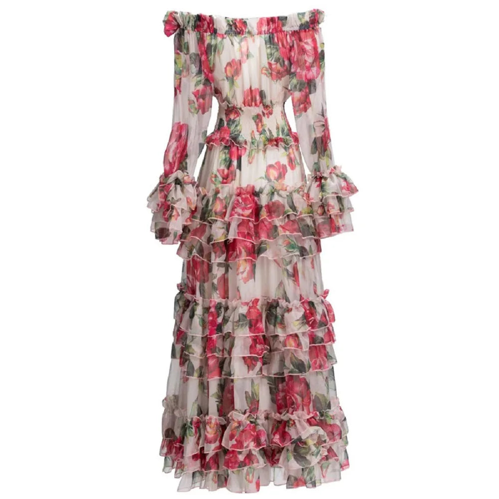 XXL Long Dress 2025 Spring Fashion Women Sexy Slash Neck Red Floral Green Leaves Print Flare Sleeve Casual Bohemia Maxi Dress