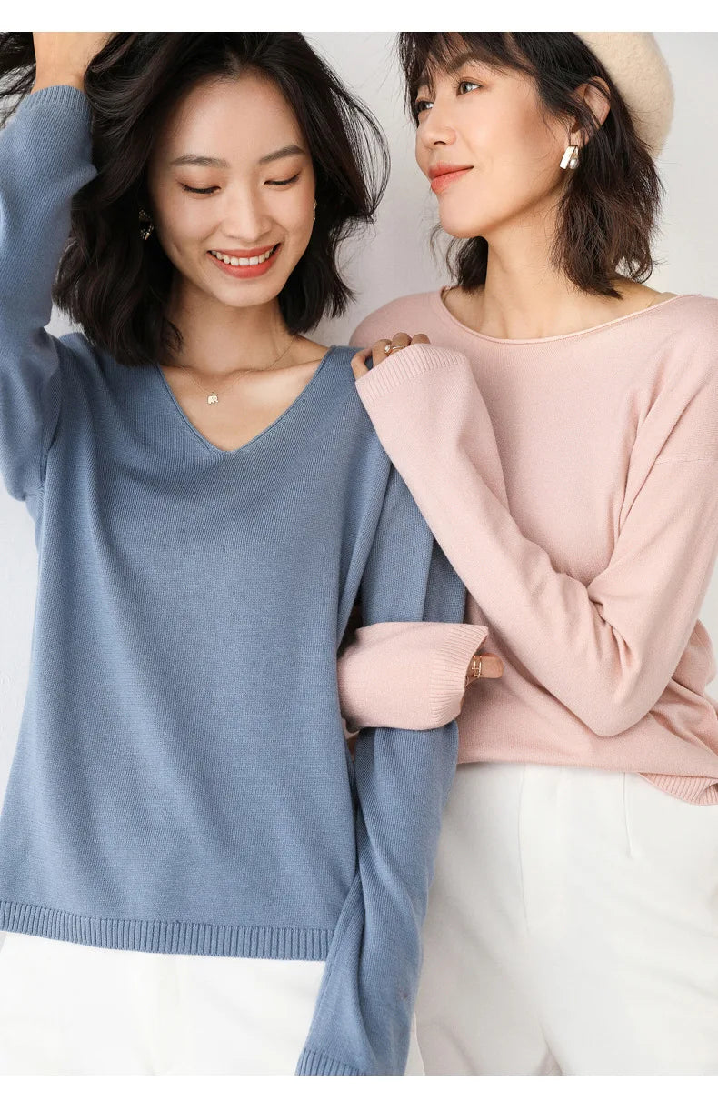 2025 Spring Autumn Womens Sweater Solid Knitwear Korean Loose Female Basic Casual Jumpers Stretch Pullover Sky Blue Pink Sweater