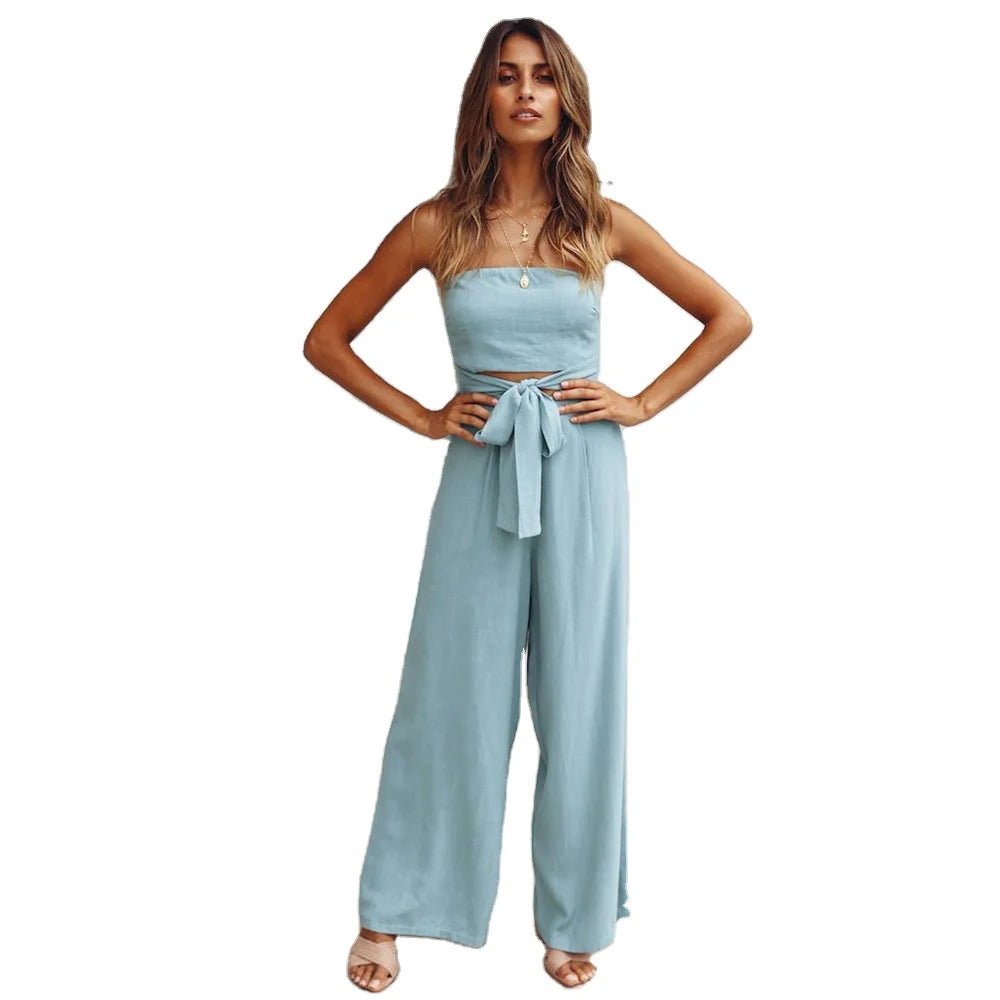 New Style Women's Summer Casual Breathable Loose Solid Color Sleeveless Jumpsuit Strapless Wide Leg Long Pants Party Set