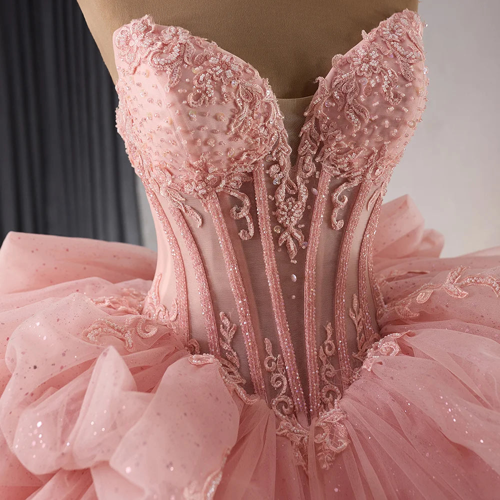 Glitter Pearls Pink Quinceanera Dresses Puff Sleeves Ball Gowns Sweet 15 16 Birthday Dress Rsm241101