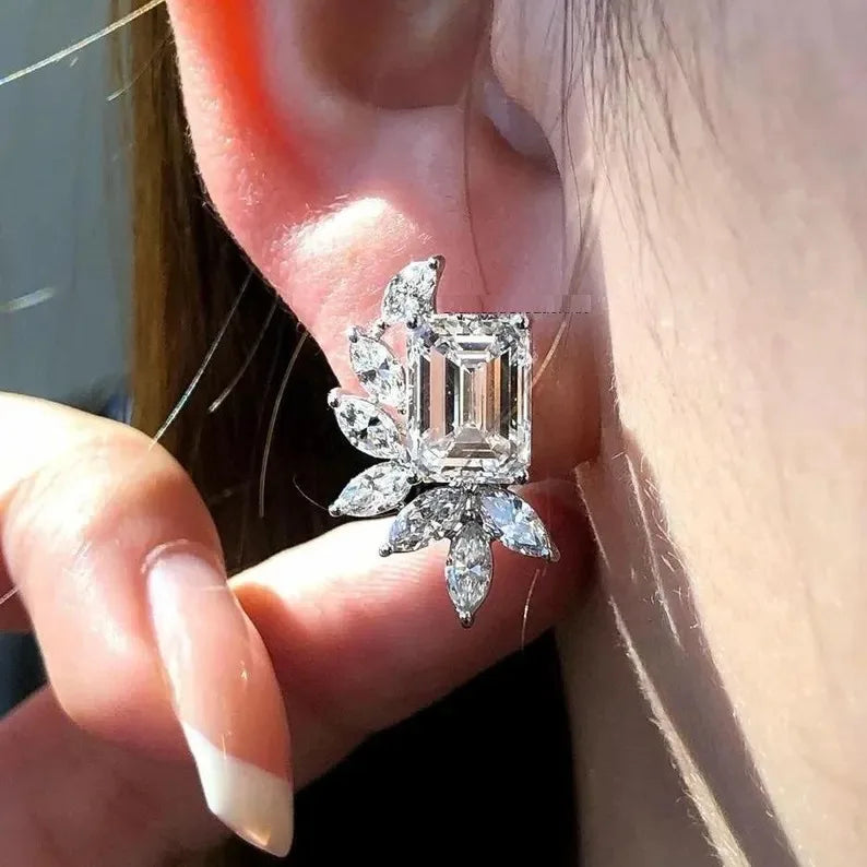 Elegant Silver Moissanite Diamond Earrings in Sterling Silver Emerald Cut Diamond Earrings With Marquise Accents For Women