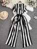 Wholesale 2026 Spring Temperament Short Sleeved V-neck Striped Casual High Waist Slim Straight Women's Jumpsuit