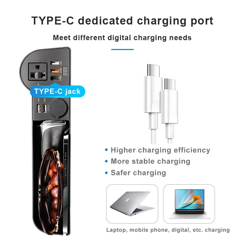 SEAMETAL Car Organizer with 12V/24V to 220V Inverter Seat Crevice Storage Box 4-USB Ports QC3.0 Fast Charging for Smartphone