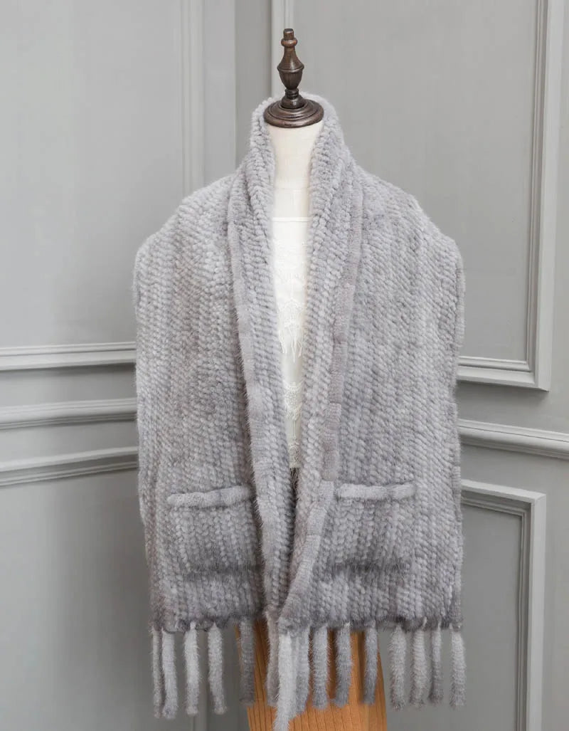 MWFur Fashion Chinese Supplier Wholesale Winter Knitted Mink Fur Shawl for Women Big Size Mink Hair Scarf Winter Fashion