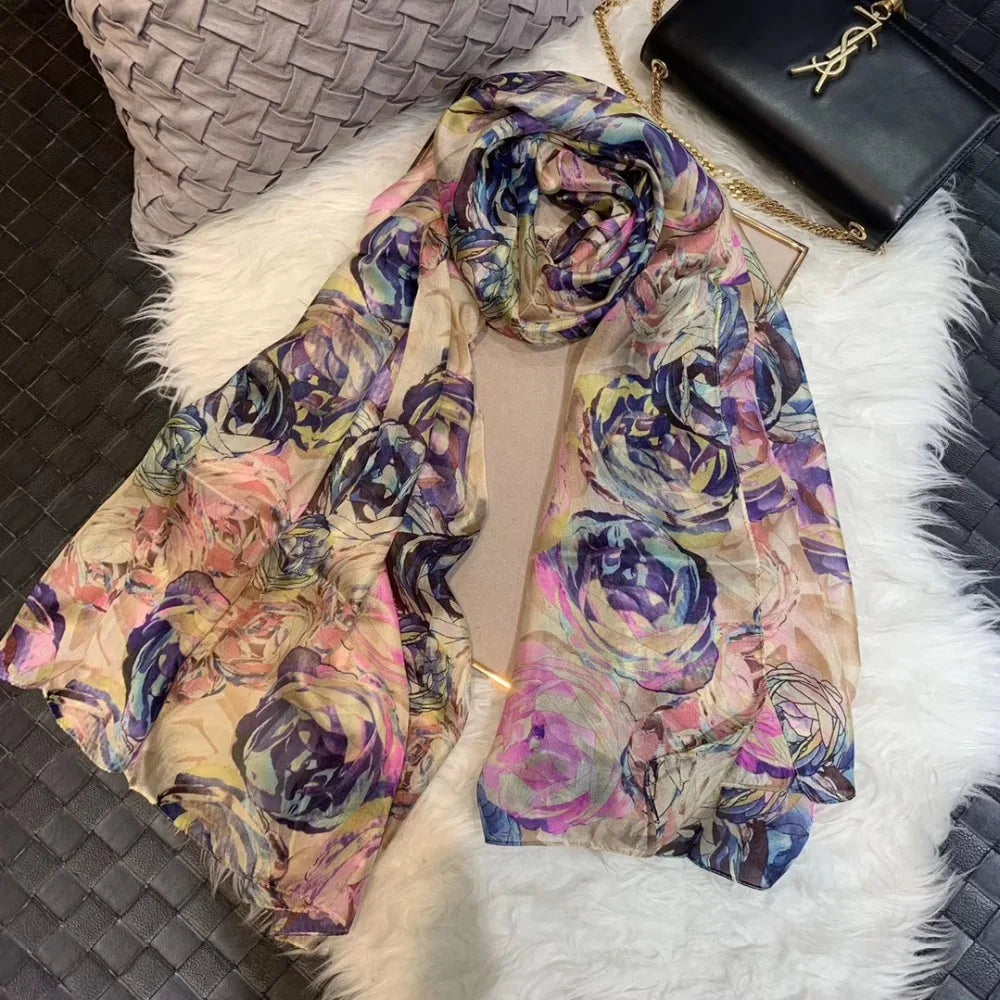 BYSIFA| Ultralarge Spring Fall 100% Mulberry Silk Scarf Beach Wrap Brand Female Long Scarves New Red Floral Silk Scarf Shawl