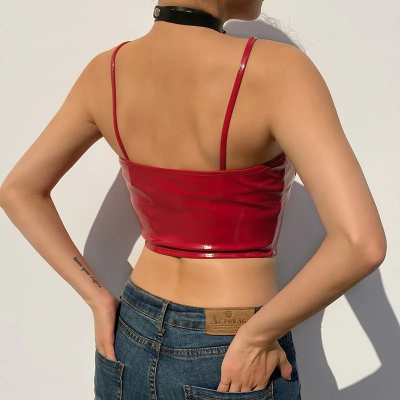 Deep Love Pu Leather Camisole Y2k Tank Top Fashionable Woman Summer Breasted Spaghetti Strap Tops Women Clothes