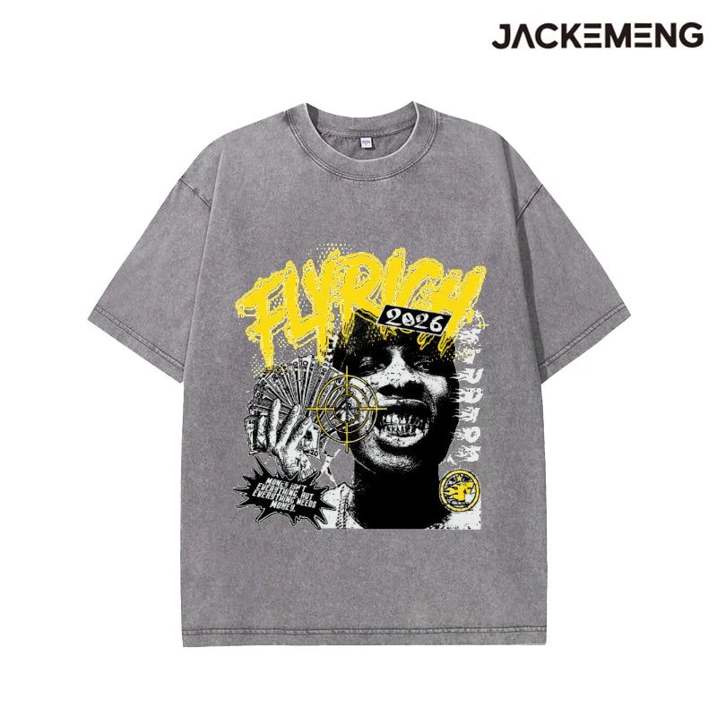 Oversized Washed Retro Money Streetwear Print Tshirt USA Stock Wholesale Y2K Casual Tee