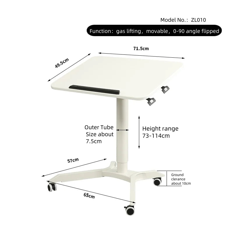Metal Pneumatic Gas Height Adjustable Standing Mobile Moving Table With 90 Angle Flipped Desktop