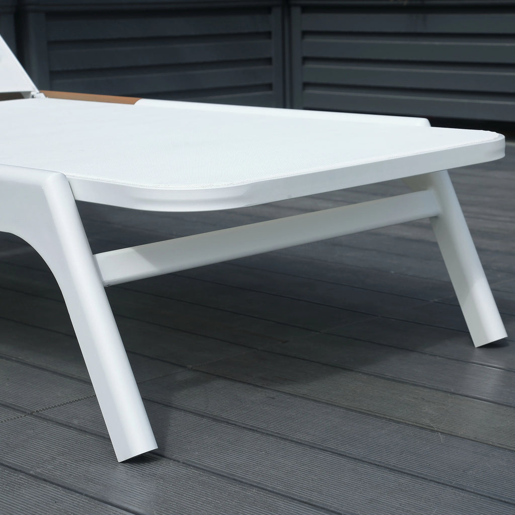 Modern Foldable Outdoor Chaise Lounge Adjustable White Beach Garden Courtyard Patio Hotel Poolside Wood Grain Aluminum Frame Sun