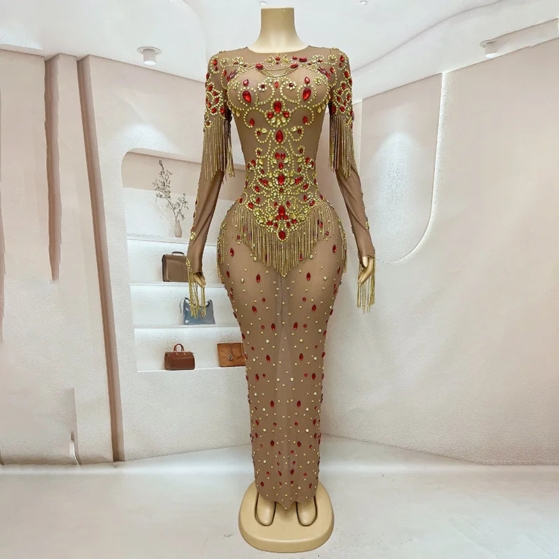Summer New Mesh Micro Transparent Luxury Elegant Evening Wear Birthday Party Ball Performance Costume Rhinestone Dress