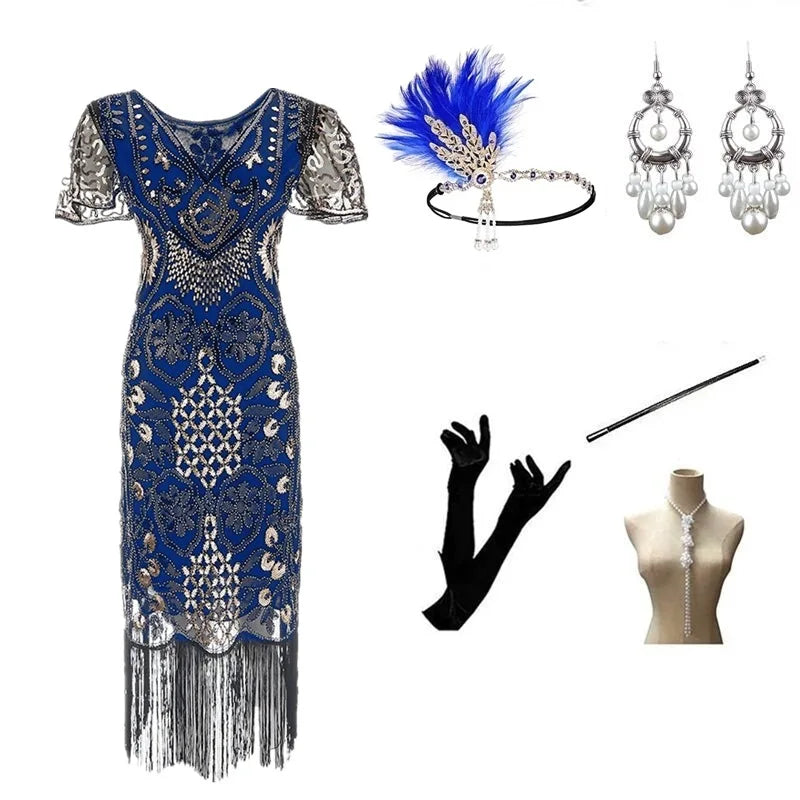 Halloween Cosplay Dress for Women 1920s Vintage Flapper Long Fringe Beaded Gatsby Party Dress With 20s Accessories Set