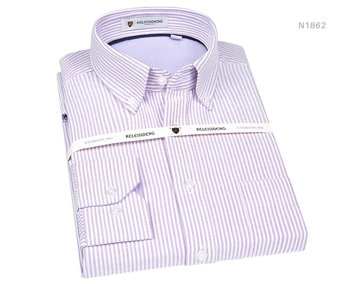 Men's Long Sleeve Thick Cotton Oxford Shirts with Front Pocket High Quality Smart Casual Stripe Plaid Button Down Dress Shirt