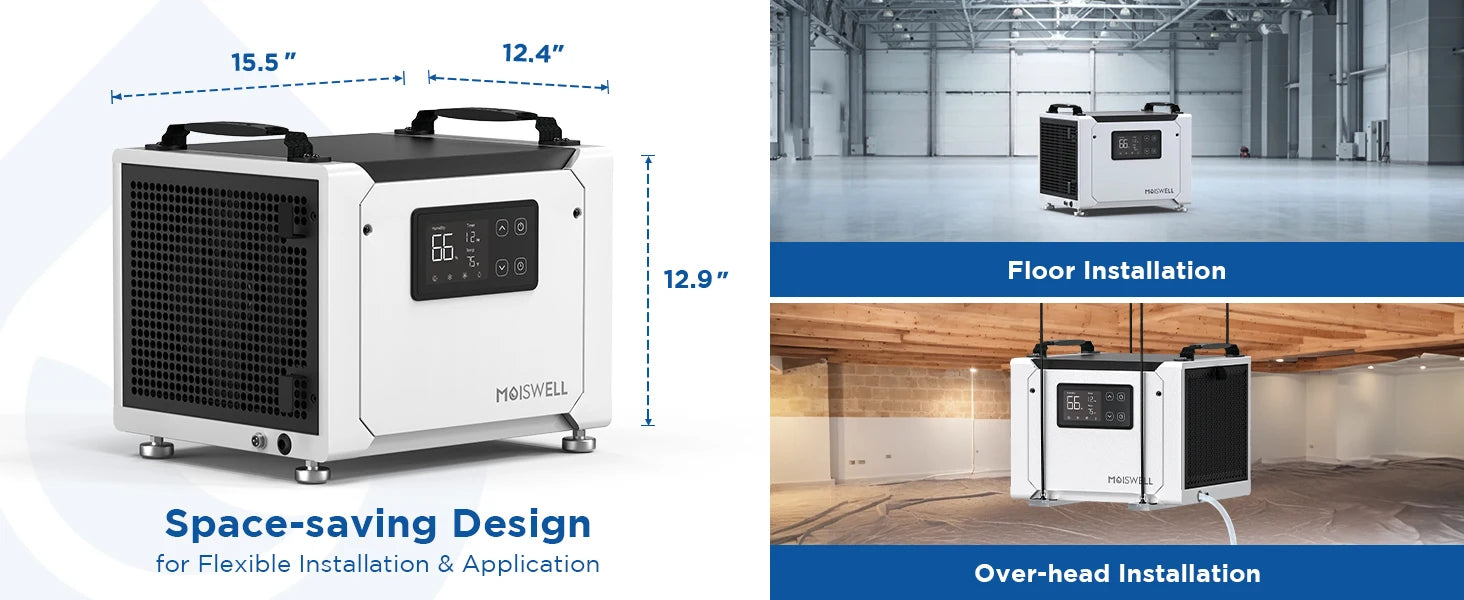 Moiswell 70 Pints Commercial Dehumidifier with Drain Hose | Compact Crawl Space Dehumidifier for Basement Home Auto Defrost