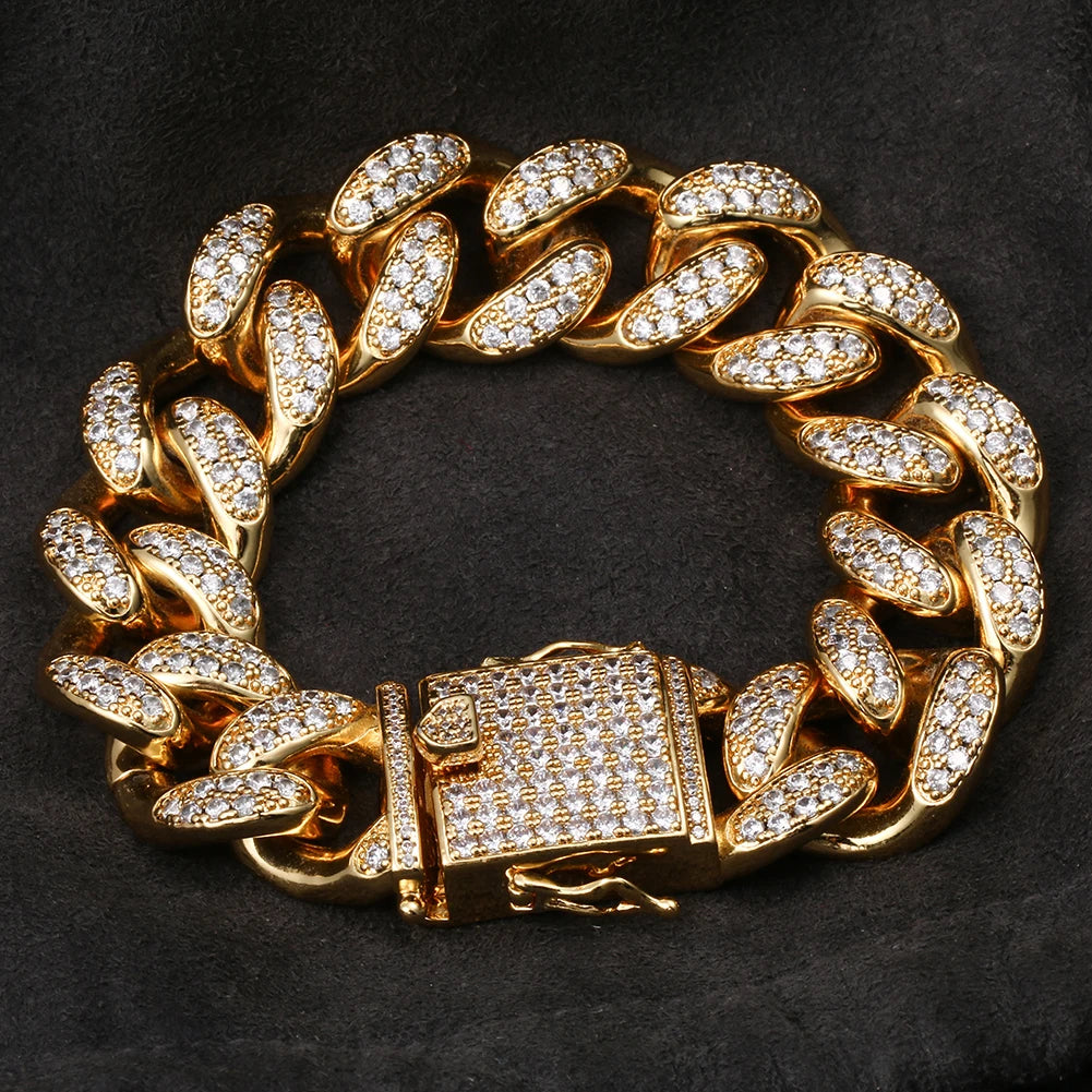 Trendy Hip Hop Baguette Zircon Cuban Chain Bracelet 22cm 18K Gold Plated Unisex Gift Jewelry