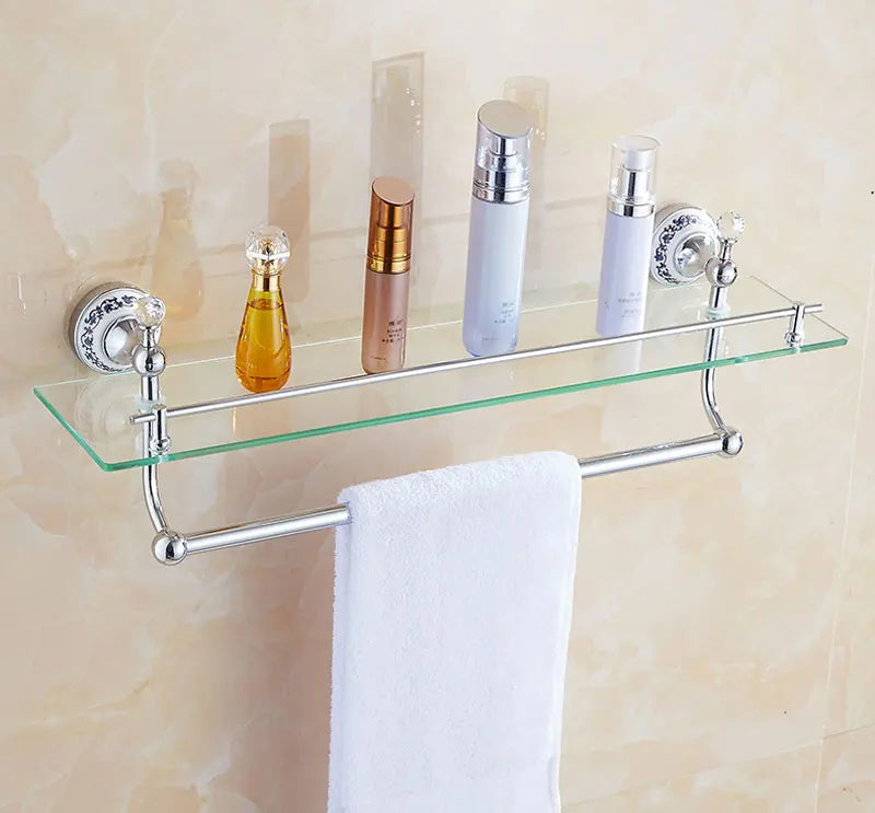 European Antique Blue and White Porcelain Chrome Finish Bathroom Hardware Set Silver&Crystal Towel Rack Bar Hook Basket Rack 5