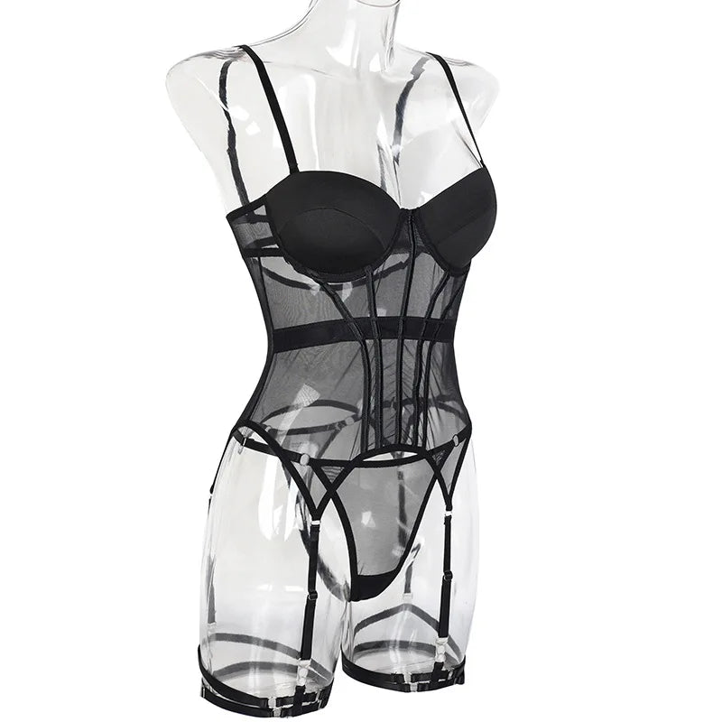 High Quality Bodysuit DP Black Comfort Mesh Breathable Underwire Leg Rings Mesh Shape Separate Sexy Lingerie Set
