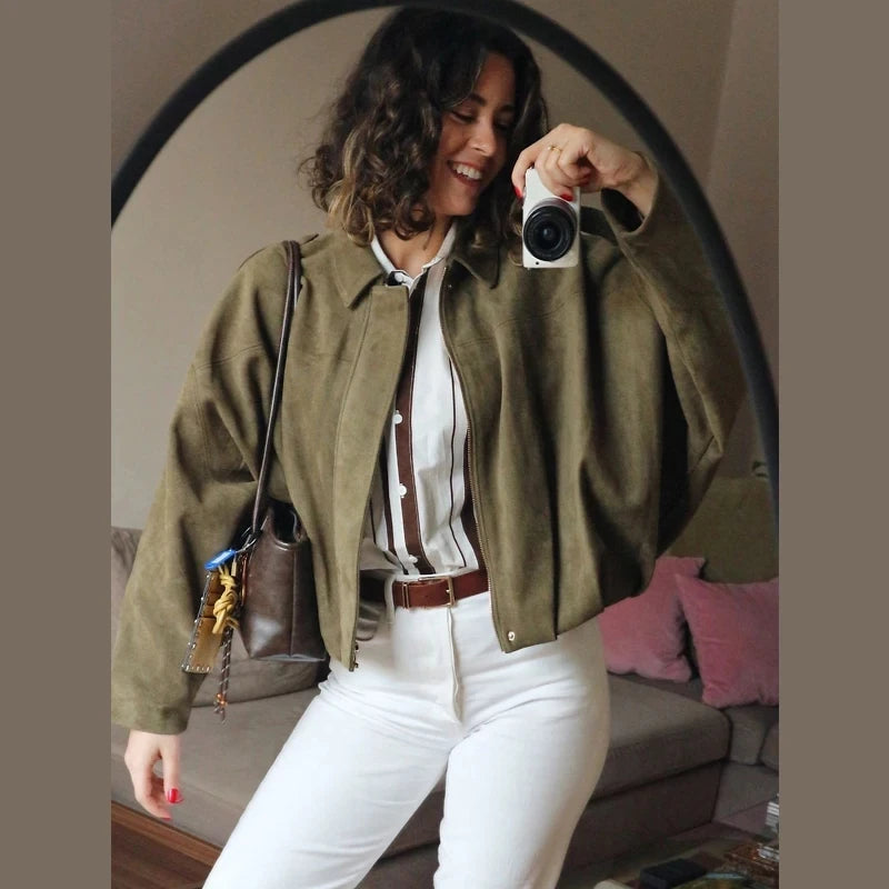 Women 2025 High Street Cropped Racing Jackets Coats Outerwears Lapel Long Sleeve Zipper Suede Jacket Women's Bomber Jacket