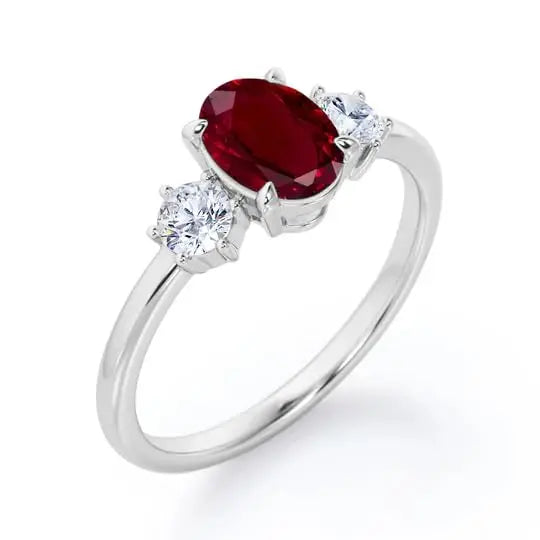 Oval Cut Ruby Classic Pave Setting Three Stone Engagement Ring 925 Sterling Silver Gold Plated Trio Wedding Party Ring