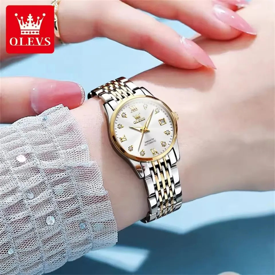 OLEVS 6673 Diamond Dial Mechanical Watch Women Simple Fashion Classic Calendar Women's Automatic Watch Luxury Ladies Watches