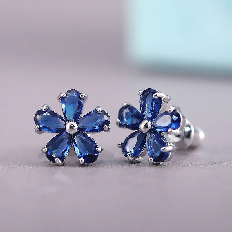 Silver Plated Blue Gemstone Flower Stud Earrings For Women Party Fashion Jewelry Alloy Earring With Claw Setting